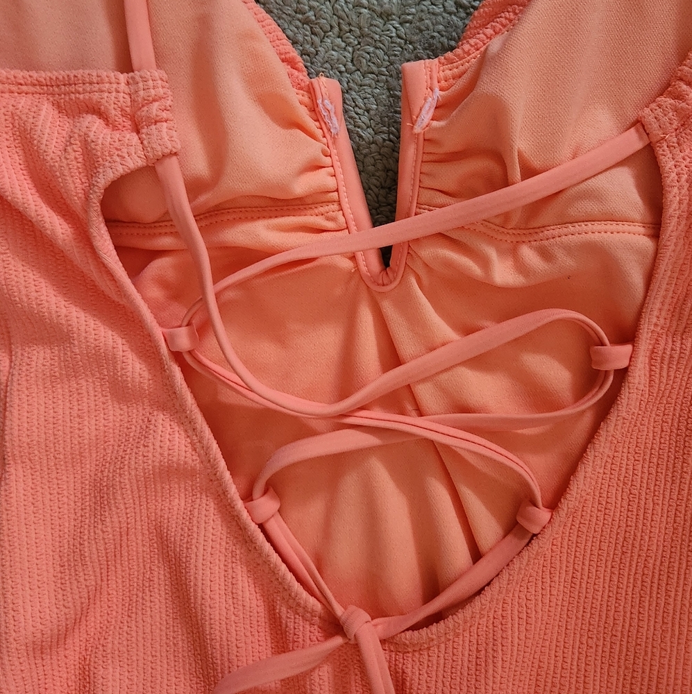 NWT Sanctuary Orange One Piece Plunging V-Neck Lace Up Back Swimsuit S - Picture 5 of 5
